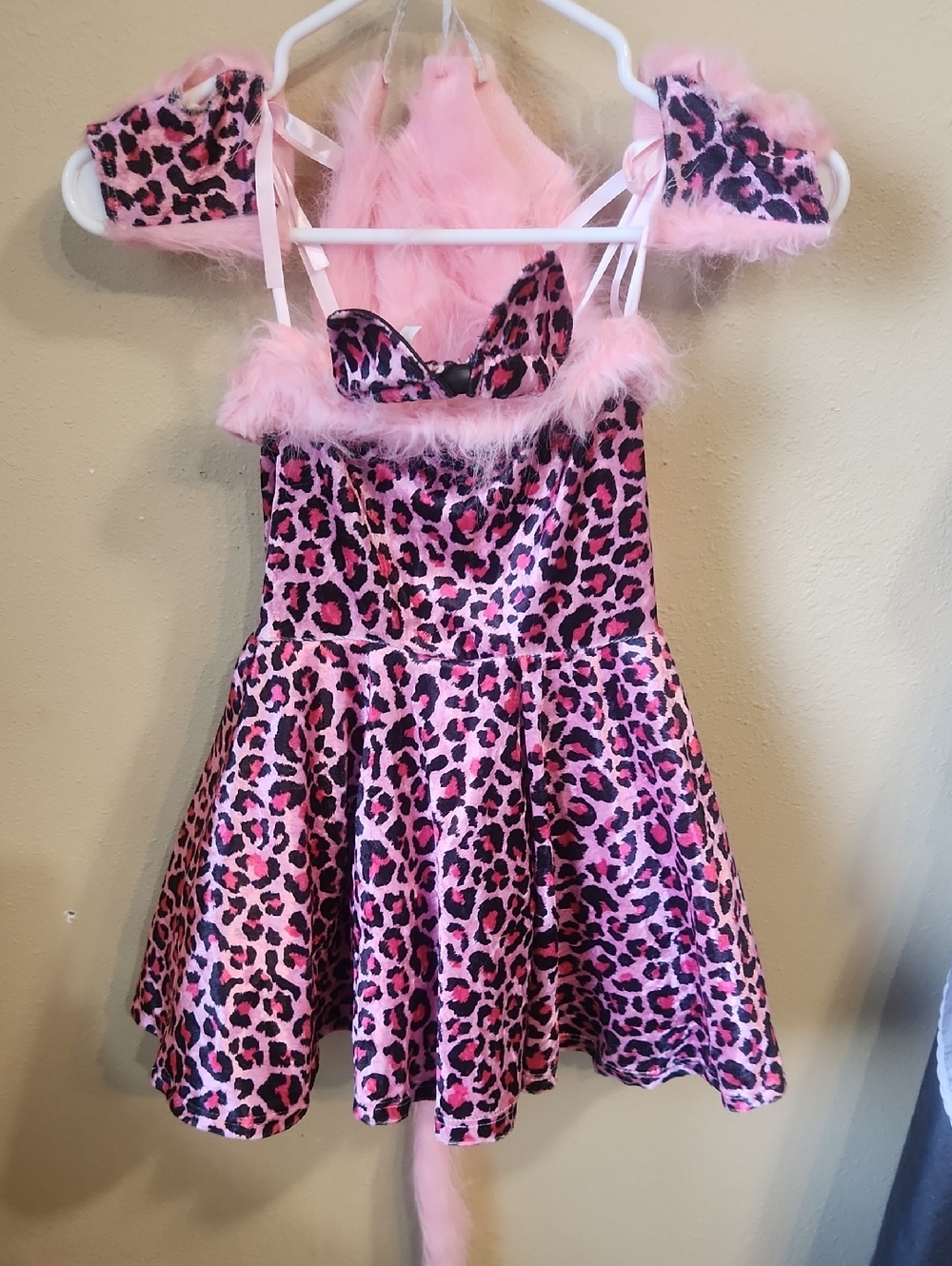 Pink Leopard Kids Costume Dress with Feather Trim
